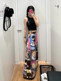 Vevesc American Street Cute Cartoon Print Pants for Women 2024 New Loose Wide Leg  Y2k Grunge High Waist Straight Trousers