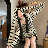 Vevesc Hotsweet Women Japanese Kawaii Striped Knitted Coats Y2k Preppy Style Mid Length Loose Cardigan Rabbit Ear Hooded Outerwear