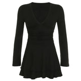 Vevesc  Black Slim V-Neck Low-Cut Long Sleeve Dresses Sexy Basic Women 2024s New Clothes Tierred Ruched Short Vestido