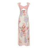 Vevesc  Flower Print Lace Trim Cut Out Camisole Dresses Sleeveless Spliced Skinny Side Split Sexy Elegant Frocks