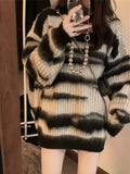 Vevesc Pullovers Oversize Sueter Mujer Y2k Knitted Tops Women Contrast Color Sweater Striped Long Sleeve High Street American O Neck