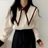 Vevesc Elegant Vintage Edge Piping Peaked Collar Shirts Women Spring Loose Puff Sleeve Blouses Simple Single Breasted Tops