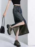 Vevesc Women's A-line Denim Skirt Vintage Y2k Oversize Jean Skirt Harajuku Korean Cowboy Long Skirts 2000s Fashion Clothes Summer