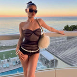 Vevesc  Black Mesh Ruched Strapless Mini Dresses For Women Sexy Night Club Dress Summer Beach Vacation Outfits 2024 Y2K Clothes