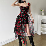 Vevesc Retro Floral Long Summer Dresses Women 2024 Sexy Strapless Asymmetrical Ruffles Side Split Club Party Prom Dress Ladies Bodycon