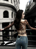 Vevesc Vintage Tie Dye V-neck Bottoming T-shirt for Women Y2k Slim Fit Long Sleeve Tops Mujer Summer New Sun Protection Tee Shirt