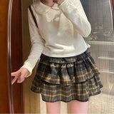 Vevesc Plaid Ruffle Mini Skirt Women Kawaii Japanese Style Harajuku Vintage Short Skirts Cutecore Street Pleated Layered Skirt