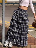Vevesc  Vintage Plaid Cake Long Skirts Women High Waist Casual Korean Skirt Streetwear Retro Design Female Spring Y2K Skirts New