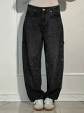Vevesc  Chic Rhinestone Women's Jeans Y2k Street Oversize Loose Shining Female Wide Leg Pants 2025 Spring Summer Lady Denim Trousers