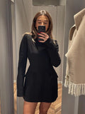 Vevesc Autumn Solid Double Pockets Mini Dress Women Fashion O Neck Long Sleeve Black Short Dresses Elegant Casual Lady Party Vestidos