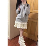 Vevesc Korean Sweet V-neck Lazy Knitted Pullover Autumn New Gray Tops Women Y2k Grunge Long Sleeve Loose Sweaters Mujer