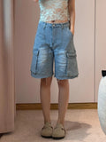 Vevesc Harajuku Vintage High Waist Blue Retro Washed Denim Shorts Women's Fashion Casual Loose Fit Y2K Streetwear Mid Long Short