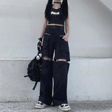 Vevesc Gothic Techwear Emo Black Cargo Pants Women Punk Oversize Hollow Out Wide Leg Pocket Trousers for Female Goth Hip Hop