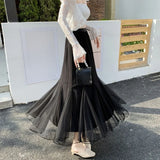 Vevesc  Spring Summer Women Skirts Solid Ruffles Mesh Korean Fashion Sweet Faldas Mujer A-line High Waist Chic Long Skirt