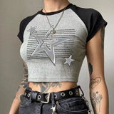 Vevesc Punk American Vintage O Neck Short Sleeve Crop Top Vintage Gothic Y2k Aesthetic Women Clothing High Street Star Print Shirts