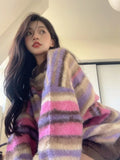Vevesc Vintage Rainbow Striped Sweater Women Y2K Korean Style Oversize Pullover Knitted Tops Jerseys Egirl Kpop Casual Jumper