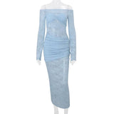 Vevesc  Women's Lace Long Dress Fashion Sexy One Shoulder Long Sleeve Patchwork Slim Dress Summer Party Club Holiday Dresses Y2k