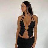 Vevesc Metal Ring Hollow Out Lace Up Halter Tops For Women 2024 Summer Sexy Crop Top Streetwear Tanks & Camis Clubwear