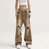Vevesc Retro Y2k Baggy Pants Brown Ripped Jeans Women Streetwear High Waist Gradient Color Fashion Casual Mopping Trousers
