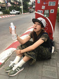 Vevesc Punk Vintage Denim Shorts Women Harajuku Y2K High Waist Camouflage Baggy Shorts Casual Wide Leg Jeans Shorts Streetwear