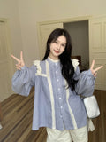 Vevesc Women's Striped Shirts Blouses Y2k Aesthetic Streetwear Vintage Korean 2000s Elegant Long Sleeve Polo-Neck Shirt Clothes Summer