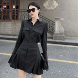 Vevesc Early Autumn New Lapel Neck Black Blouses Sexy Slim Waist Ruched Shirts Women Y2k Grunge Long Sleeve Blusas Mujer Dress