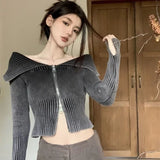 Vevesc Gradient Sexy Off Shoulder Sweaters Women Autumn Slim Fit Double Zipper Knitted Cardigan Y2k E-Girl Long Sleeve Tops Mujer