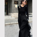 Vevesc Vintage Black Knitted Long Sleeve Midi Dress Women Hepburn Style Hollow Out O Neck Office Lady Slim Casual A Line Dress New