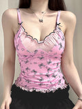 Vevesc Sweet Patchwork Mesh Camis Top See Through Sexy Slim V-Neck Sleevelkess Tank Tops Women 2024 Summer Fashion Streetwear