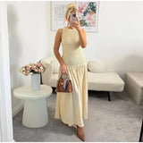 Vevesc  Elegant Patchwork Long Dress Women O-neck Sleeveless Pleated Female Dresses 2025 Summer Holiday Solid A-line Lady Loose Robe
