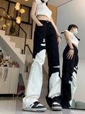 Vevesc Trend Street Black White Denim Pants Women Y2k E-Girl High Waist Irregular Trousers Summer Loose Straight Wide Leg  Jeans