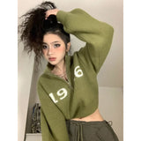 Vevesc Hippie Y2k Green Crop Sweater Women Harajuku Kpop Gyaru Oversize Zip Letter Knit Top Grunge Vintage Jerseys Jumper