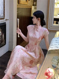 Vevesc  Chinese Style Light Pink Cheongsam Dress Women Elegant Floral Print Party Dress Summer Short Sleeve Stand Collar A Line Chipao
