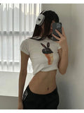 Vevesc Y2k Korean Fashion Graphic T-shirt Print Crop Top Short Sleeve Slim Summer Tops Skinny Harajuku Tee Shirt Streetwear