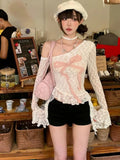Vevesc Harajuku Lace Hollow Out Flower T-shirt Fairy Grunge Skew Collar Sexy Crop Tops Women Contrast Color Bow Y2k Aesthetic Tshirts