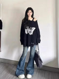 Vevesc Women's Black Gothic Pullover Knitted Sweater Harajuku Korean Y2k Long Sleeves Jumper Sweaters Vintage 2000s Clothes Autumn