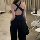 Vevesc 2024 Spring New High Street Sexy Backless Solid Color All Match Camisole Women + Loose Casual Wide Leg Pants Two-Piece Suit