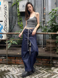 Vevesc Autumn Women's Casual Aesthetic Harajuku Jeans Vintage Emo Loose Washed Pants Y2K Wide Leg Punk Baggy Blue Denim Trouser