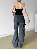 Vevesc Harajuku Sleeveless Crop Tank Top Vintage Y2k Aesthetic Sexy Bandage Halter Vest Summer Solid Pleated Camisole Fairy Grunge Tees