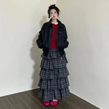 Vevesc Vintage Ruffle Plaid Skirt Women Elegant Sweet Long Skirts Japanese Style Streetwear Fashion Patchwork Layered Skirt