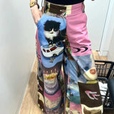 Vevesc American Street Cute Cartoon Print Pants for Women 2024 New Loose Wide Leg  Y2k Grunge High Waist Straight Trousers