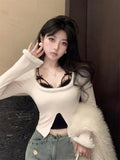 Vevesc Sexy Patchwork Lace Halter Fake Two Piece Korean Moda Popular Spliced Warm O Neck Long Streetwear Tops Punk Korean Girl Clothes