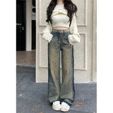 Vevesc Blue Womens Jeans High Waist Vintage Straight Autumn Design Sense Denim Pants Streetwear American Wide Leg Baggy Denim Trouser