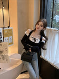 Vevesc Sweet Preppy Korean Lace Patchwork Now T-Shirts Slash Neck Off Shoulder Halter Crop Top Japanese Fashion Y2k Contrast Color Tees