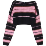 Vevesc Autumn Y2K New Korean Style Pink Cropped Sweater Women Striped Jumper Vintage Female Long Sleeve Crewneck Pullovers Tops