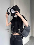 Vevesc 2024 Summer New Straight Hoodie Tops Mujer Fashion Loose Sleeve Vest Coat Women Y2k E-Girl Slim Fit Lace Up Black Sweatshirts