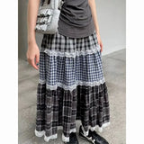 Vevesc Japanese Plaid Striped Ruched Patchwork Skirts Vintage Women Mid Length High Waist A-line Y2k Streetwear Cake Skirt