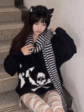 Vevesc Harajuku Street Skull O-neck Black Pullover Y2k E-Girl Mid-length Loose Knitted Tops Women Spring New Long Sleeve Sweaters