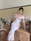 Vevesc  Spring Sweet Flower Printed Bodycon Vestidos Slash Collar Mesh Slim Fit Short Sleeved Dress for Women Summer Sexy Sheath Dresses