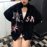 Vevesc Y2k Aesthetic Casual Clothing Punk American Vintage Print Sweater High Street Autumn Winter All Match Gothic Loose Cardigan